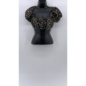 NICOLE MILLER Women's Black-Brown Animal Print Silk-Blend Cropped Top SZ S